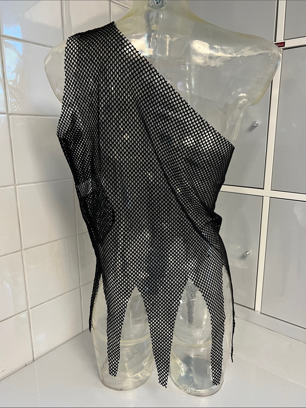 Ratty-Hem One-Shoulder Fishnet Overlay Dance/Beach Top XL NWOT